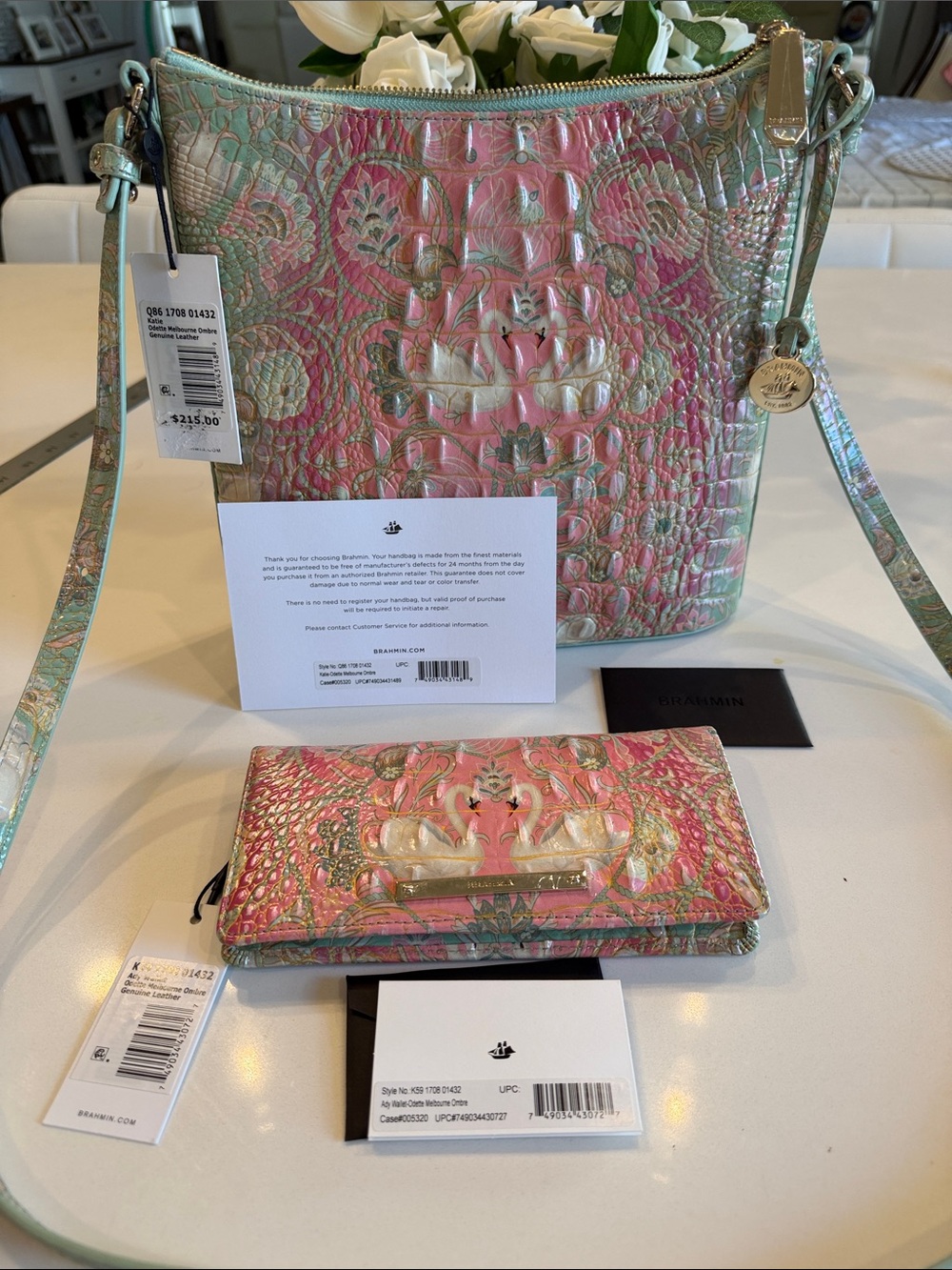 Brahmin Pink & Mint Embossed Leather Crossbody with Matching Wallet